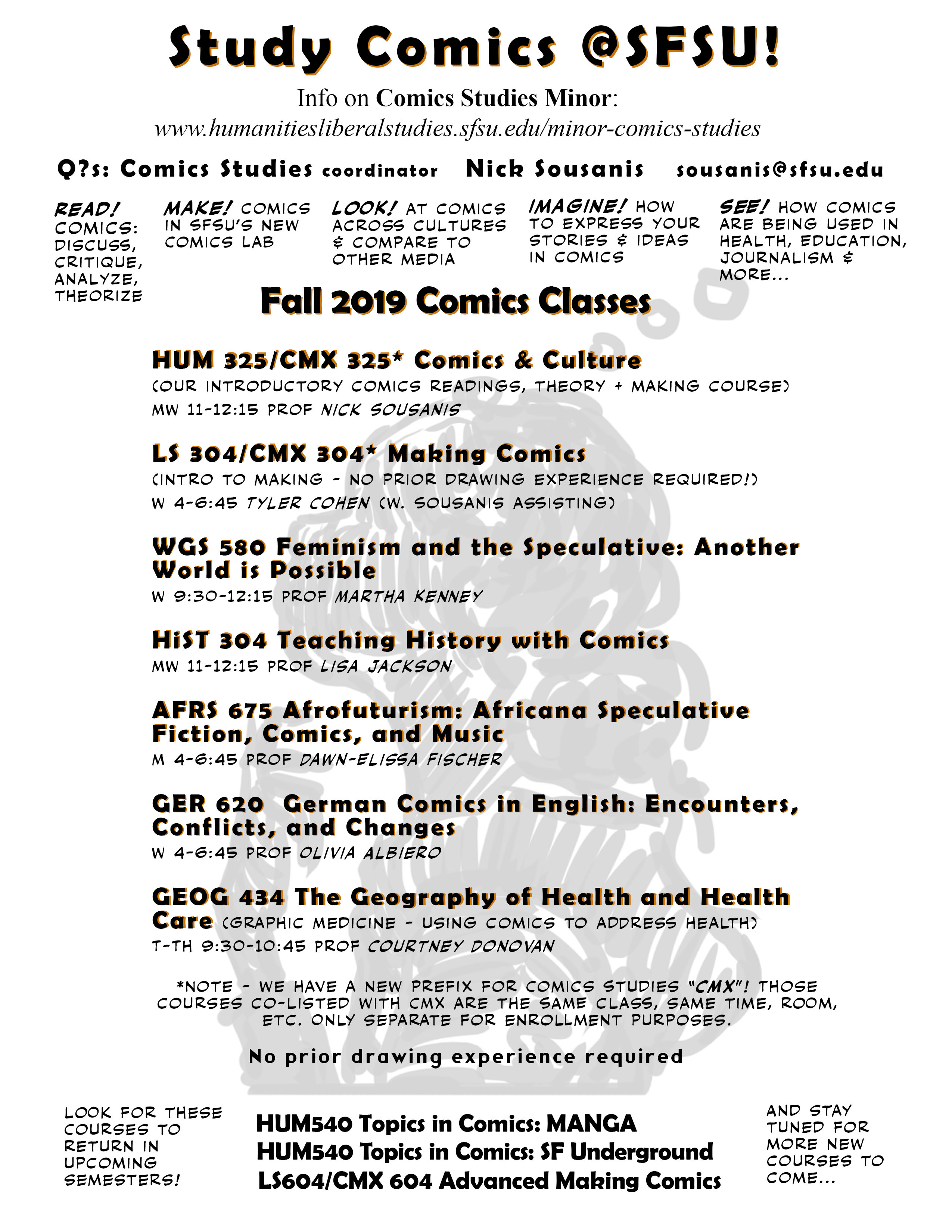 Fall 2019 Courses, illustrated in comic book style