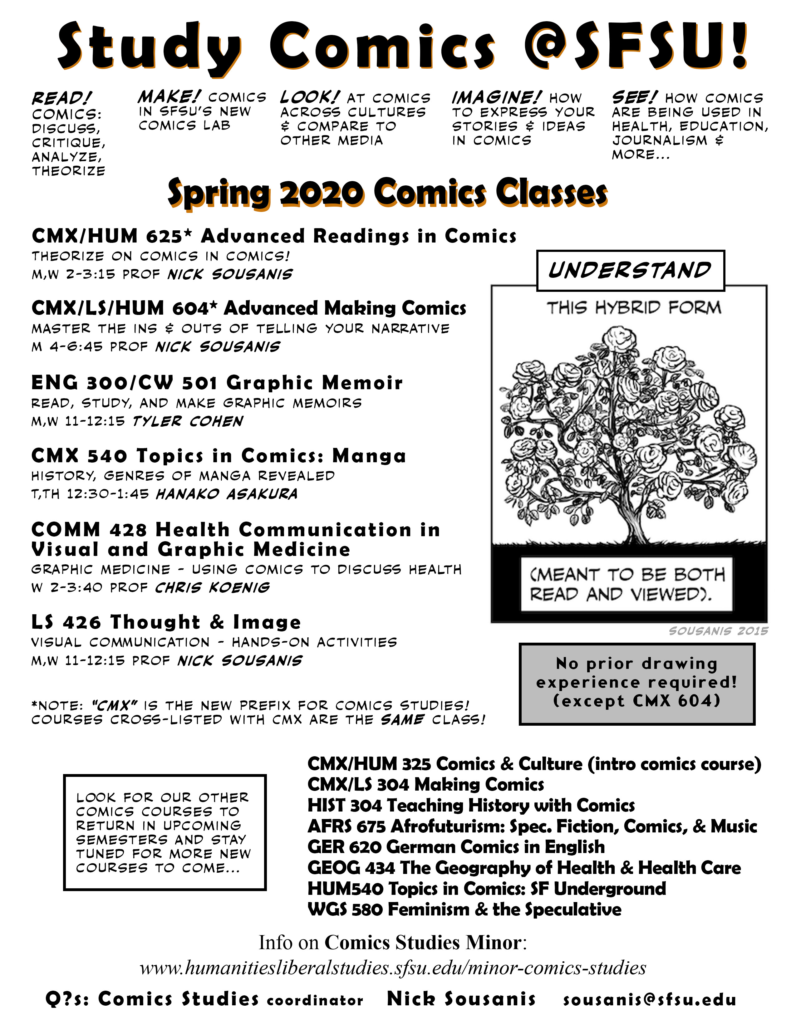 Spring 2020 Courses, illustrated in comic book style
